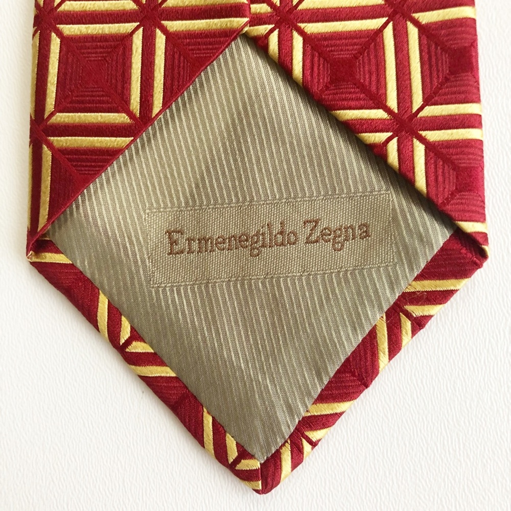 Ermenegildo Zegna Woven Silk Necktie TIE Red With Gold Squares Made in Italy - Picture 4 of 8